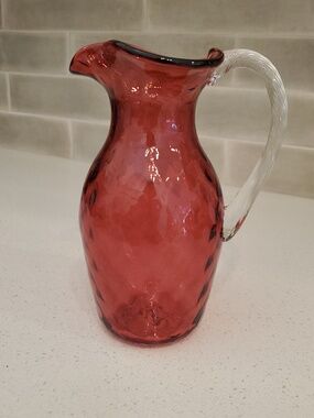Vintage Cranberry Quilted Pattern Glass Pitcher with Clear Handle